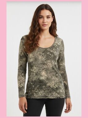 liz & co. Olive Scoop Neck Long Sleeve Top with Metallic Dots